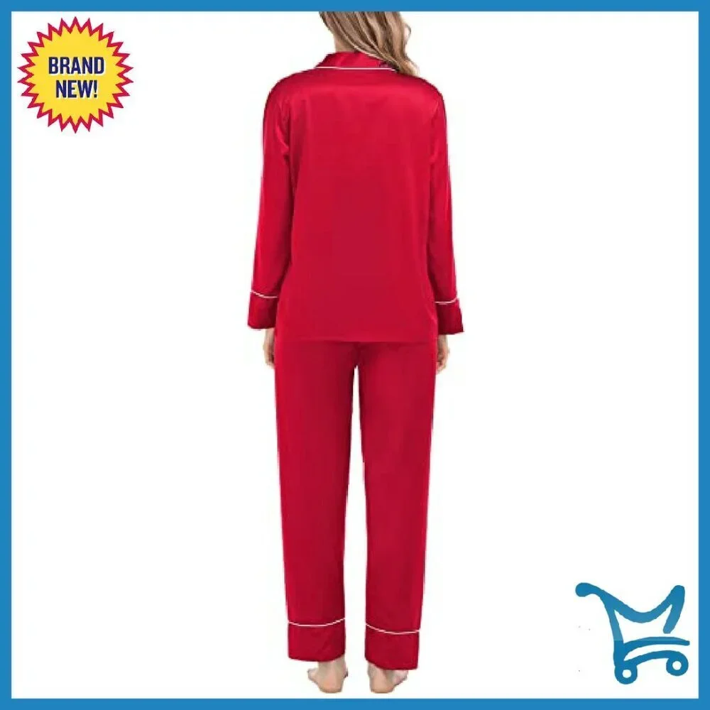 Satin Pajama Set Long Sleeve Button Down Sleepwear Lounge Pjs